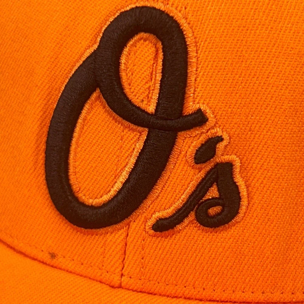 O's Script Mens Orange MLB Trucker Hat Mesh Snapback OSFM